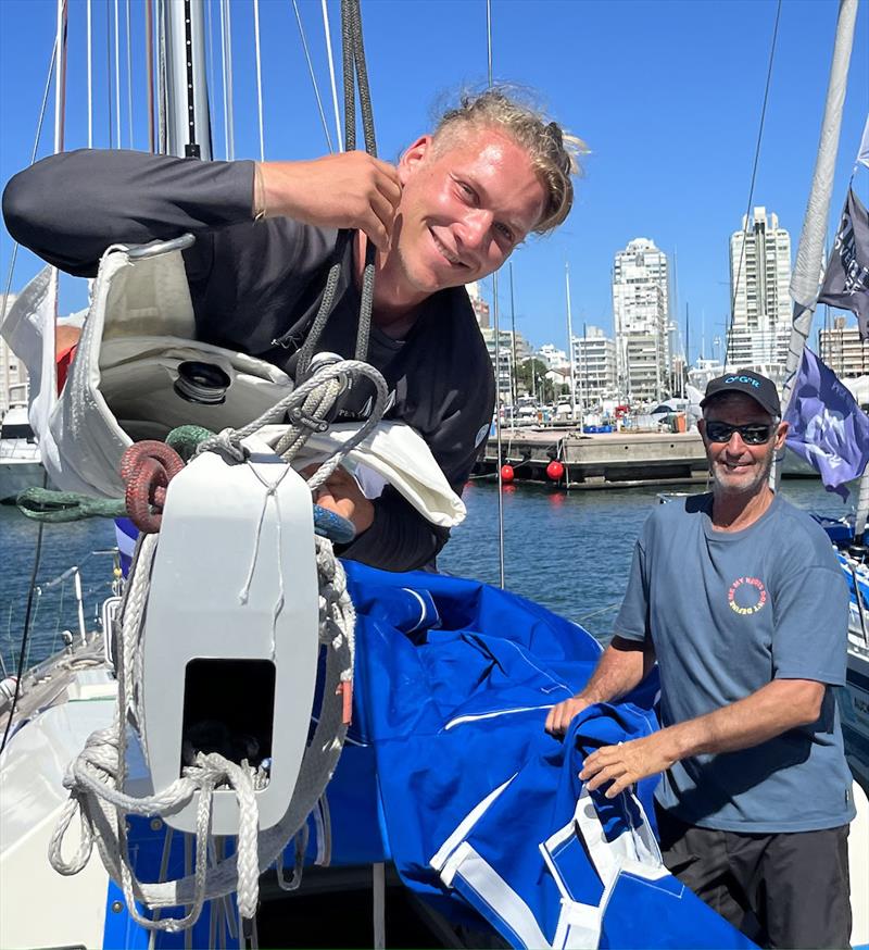 IRC winners Triana checking sails before an early morning departure to get lifted to check their keel - Ocean Globe Race - photo © OGR2023 / Jacqueline Kavanagh