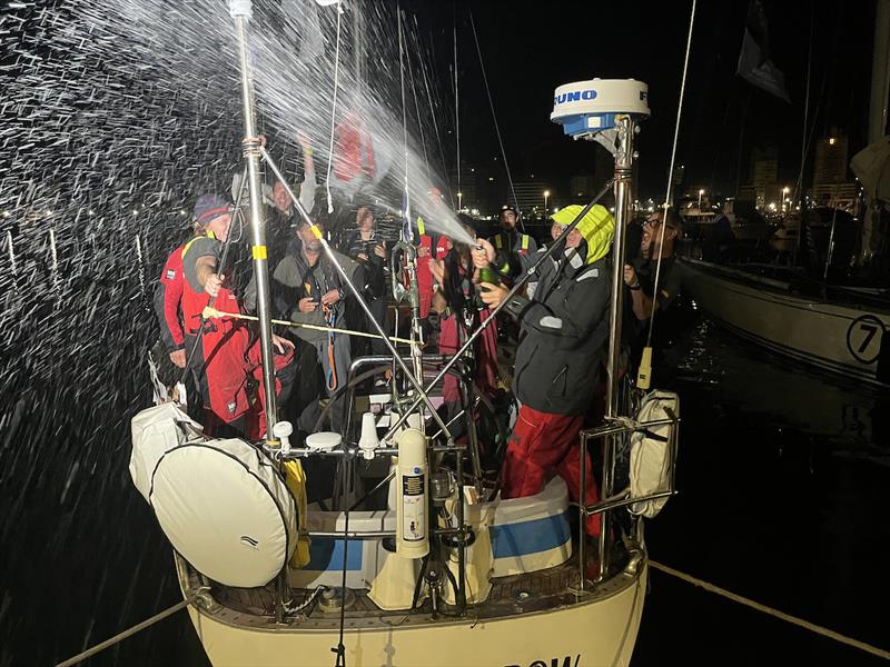 After a painfully slow arrival White Shadow crew are very ready to party - Ocean Globe Race - photo © OGR/2023 Jacqueline Kavanagh