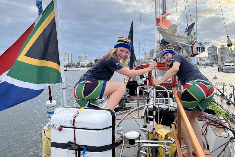 Despite not crossing the line in their now traditional South African colours, first mate Melissa Du Toit and Aurora couldn't resist changing for post-arrival celebrations - photo © Jacqueline Kavanagh / OGR2023