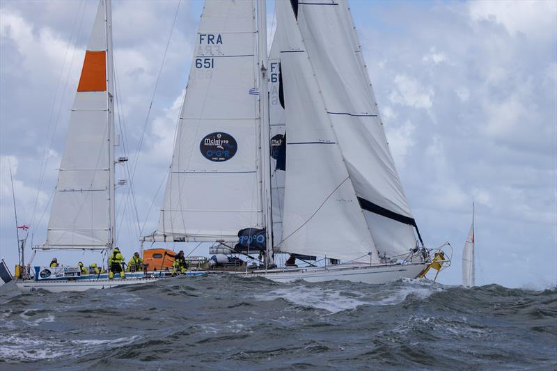 Getting way too close and personal with a buoy stuck on the bowsprit of the Swan 65 Evrika photo copyright Matias Capizzano taken at  and featuring the Ocean Globe Race class