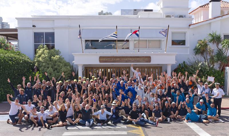 Crews gather to wave farewell to the cameras! 137 sailors on 13 yachts set sail for Cowes, UK photo copyright OGR2023 / Rob Havill taken at  and featuring the Ocean Globe Race class