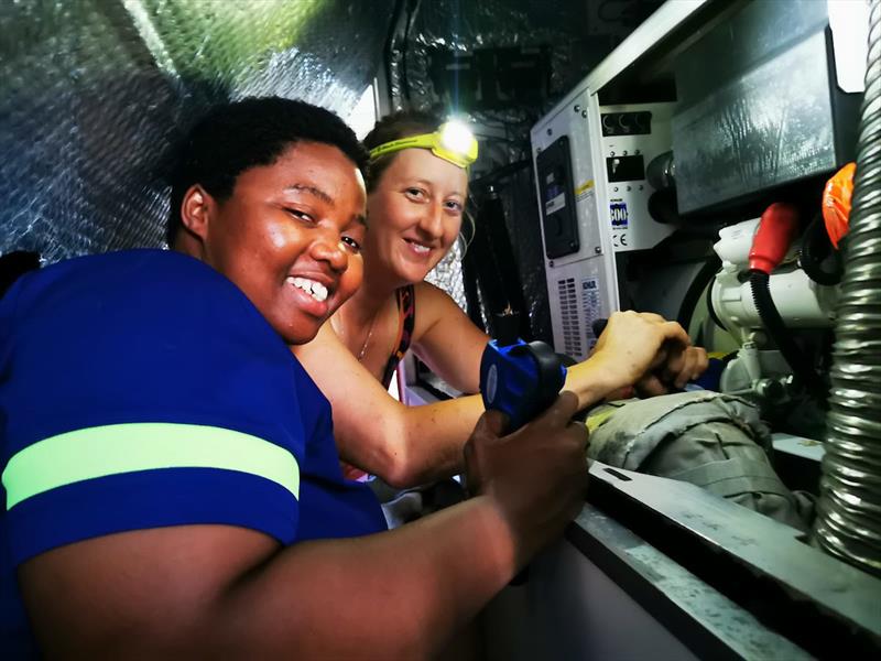 Vuyi and Rachel getting the generator and inverter back up and running on Maiden photo copyright OGR2023 / Maiden taken at  and featuring the Ocean Globe Race class