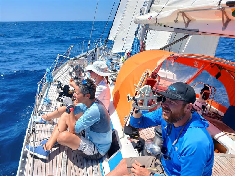 All the crews are taking the slow days as the perfect opportunity to learn celestial navigation. Fergus provides the lessons here onboard Sterna - photo © OGR2023 / Sterna