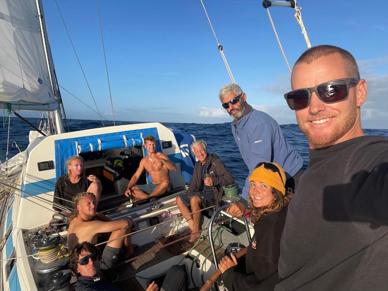 The Triana crew still looking happy despite knowing their IRC dream is slipping away with every wind hole photo copyright OGR2023 / Triana / Margault Demasles taken at  and featuring the Ocean Globe Race class