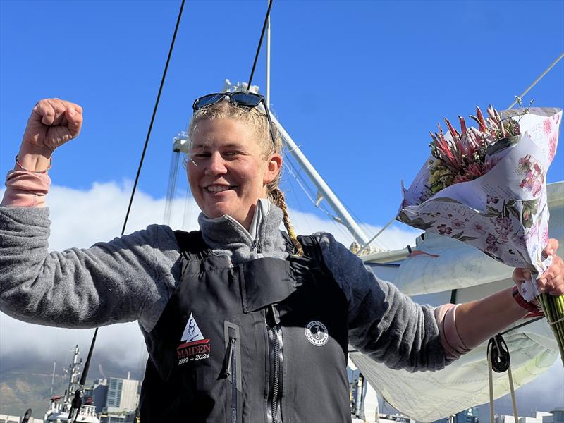 The youngest skipper in the OGR fleet Heather Thomas after arriving in Cape Town at the end of Leg 1, 3rd in line honours and IRC photo copyright OGR2023 / Aida Valceanu taken at  and featuring the Ocean Globe Race class