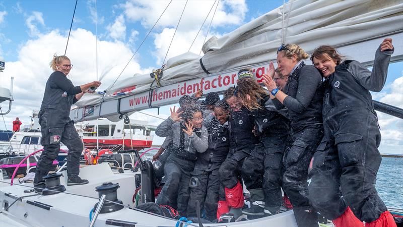 Champagne finish for Maiden in the Ocean Globe Race photo copyright The Maiden Factor / Kaia Bint Savage taken at  and featuring the Ocean Globe Race class