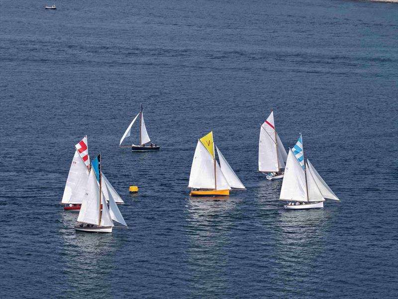 Falmouth Working Boats rounding the MarkSetBot photo copyright aerial Tom @ Altitude Works taken at Flushing Sailing Club and featuring the Gaffers class