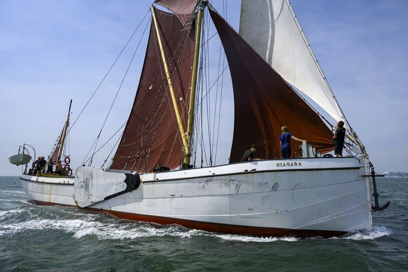 Niagara at the finish line during the Thames Barge Race on the Thames Estuary, hosted by Thorpe Bay Yacht Club photo copyright David Maynard / www.alleycatphotographer.com taken at Thorpe Bay Yacht Club and featuring the Gaffers class