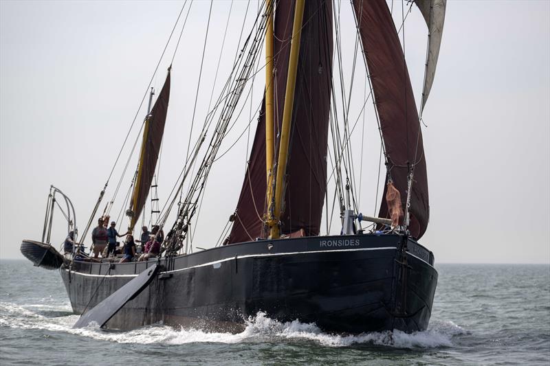 Ironsides at the finish line during the Thames Barge Race on the Thames Estuary, hosted by Thorpe Bay Yacht Club photo copyright David Maynard / www.alleycatphotographer.com taken at Thorpe Bay Yacht Club and featuring the Gaffers class