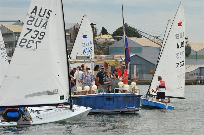 Bill Tyler OK Dinghy sail past with the official boat conducting proceedings photo copyright Bruce Kerridge taken at Drummoyne Sailing Club and featuring the OK class
