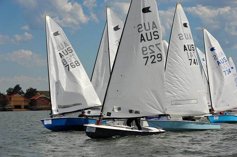 A tight scramble on day 3 at the Australian OK Nationals photo copyright Bruce Kerridge taken at Drummoyne Sailing Club and featuring the OK class