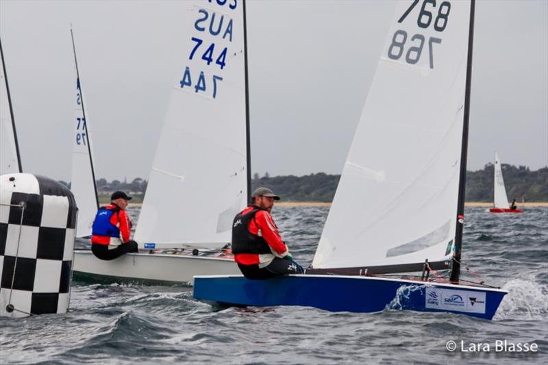 Mark Jackson finishes just ahead of Michael Horvarth - Australian OK Dinghy Nationals, Day 1 photo copyright Lara Blasse taken at  and featuring the OK class