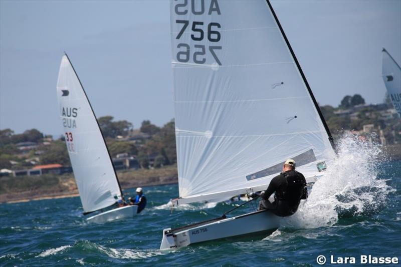 Nick Bennett finds a large wave - Day 4 - Australian OK Dinghy Nationals - photo © Lara Blasse