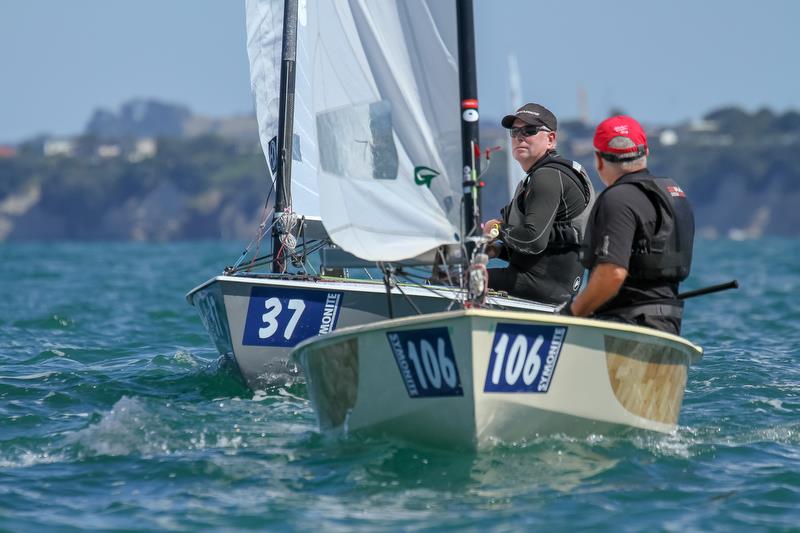 Duncan Ellis (GBR (37) and Peter James Thybo (DEN) (106)  - Symonite OK World Championships - Day 1, February 10, 2019 photo copyright Richard Gladwell taken at Wakatere Boating Club and featuring the OK class