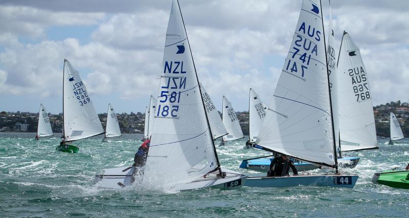 Gybe Mark contention - Day 3, Symonix OK World Championship, Wakatere Boating Club, February12, 2019 - photo © Richard Gladwell