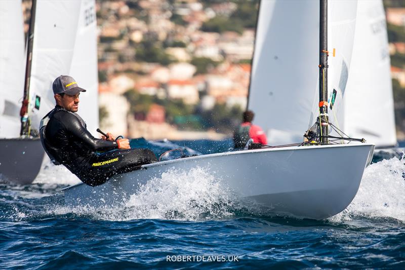 Tim Petetin on day 2 of the OK Dinghy Europeans in Bandol photo copyright Robert Deaves / www.robertdeaves.uk taken at Société Nautique de Bandol and featuring the OK class