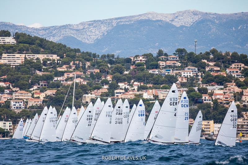 Start of Race 2 on day 2 of the OK Dinghy Europeans in Bandol photo copyright Robert Deaves / www.robertdeaves.uk taken at Société Nautique de Bandol and featuring the OK class