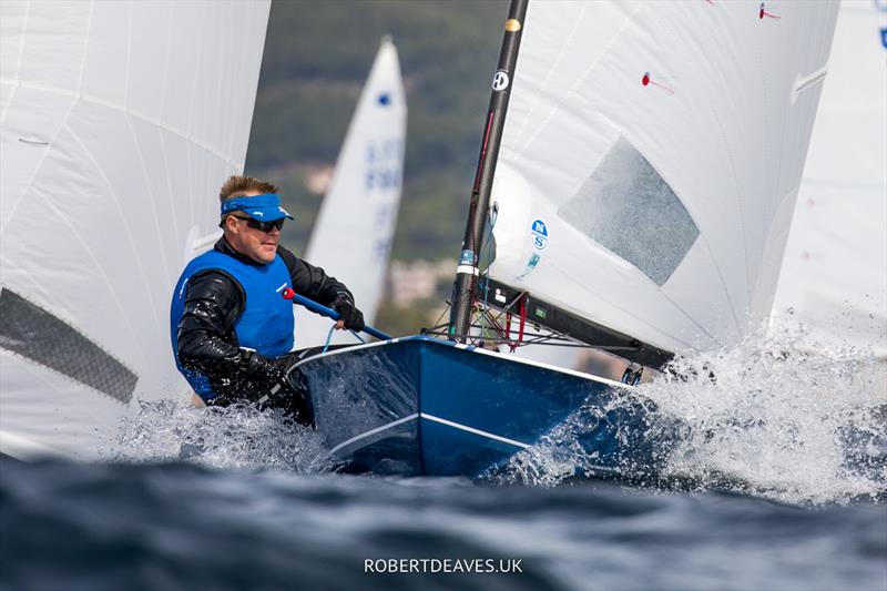 Russ Clark on day 2 of the OK Dinghy Europeans in Bandol - photo © Robert Deaves / www.robertdeaves.uk