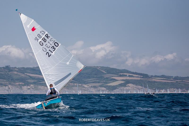 OK Dinghy Worlds practice race - Some had it perfectly under control...James Long, GBR photo copyright Robert Deaves / www.robertdeaves.uk taken at Lyme Regis Sailing Club and featuring the OK class