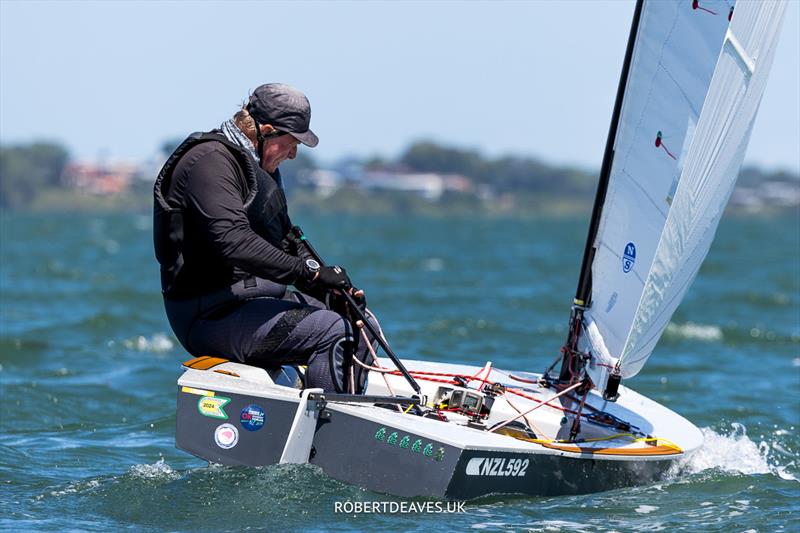 Rod Davis, NZL on day 3 of the 2024 OK Dinghy World Championship Brisbane photo copyright Robert Deaves / www.robertdeaves.uk taken at Royal Queensland Yacht Squadron and featuring the OK class