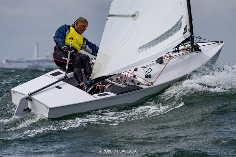 Stephen Butcher, ESP on day 3 of the OK Dinghy Europeans at Warnemünde photo copyright Robert Deaves / www.robertdeaves.uk taken at  and featuring the OK class