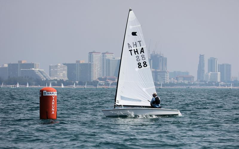 Matt Norton approaches the windward mark on day 1 of the Open Masters Championship 2026 photo copyright James Young taken at Royal Varuna Yacht Club and featuring the OK class