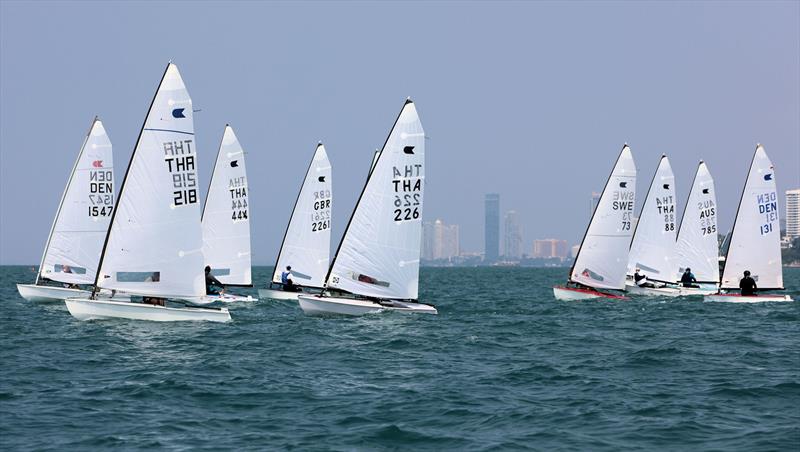 OK fleet upwind on day 2 of the Open Masters Championship 2026 photo copyright Henry Weidmann taken at Royal Varuna Yacht Club and featuring the OK class