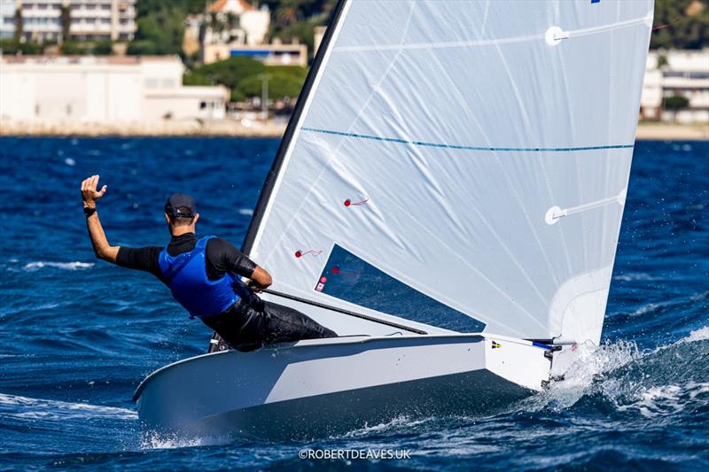 James Downer, GBR on Day 2 of the 2026 OK Dinghy Autumn Trophy photo copyright Robert Deaves / www.robertdeaves.uk taken at Société Nautique de Bandol and featuring the OK class