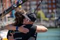 Francesca Clapcich, who will be onboard Malizia - Seaexplorer in the upcoming Leg 2, congratulating Justine Mettraux after Leg 1 of The Ocean Race Europe 2025