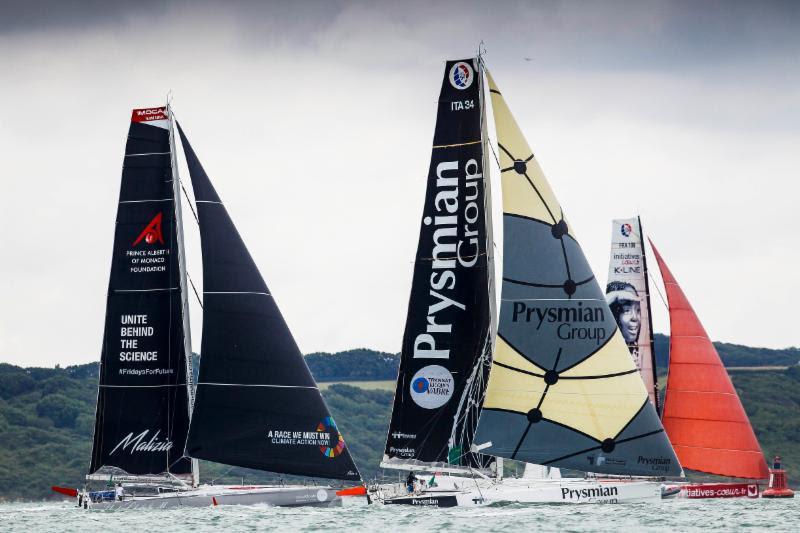 Malizia - Yacht Club de Monaco, Prysmian Group and Initiatives Coeur after the start of the Rolex Fastnet Race photo copyright RORC / Paul Wyeth taken at Royal Ocean Racing Club and featuring the IMOCA class