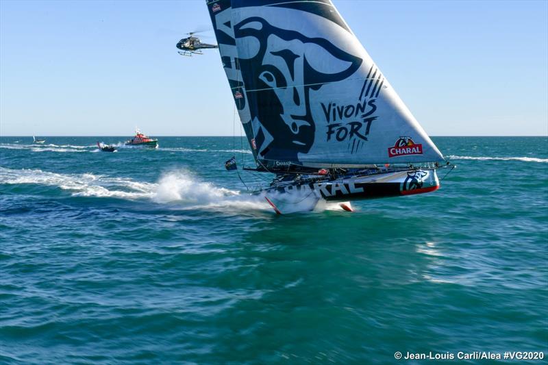 Jérémie Beyou (Charal) leads the Vendée Globe fleet after the start photo copyright Jean-Louis Carli / Alea #VG2020 taken at  and featuring the IMOCA class