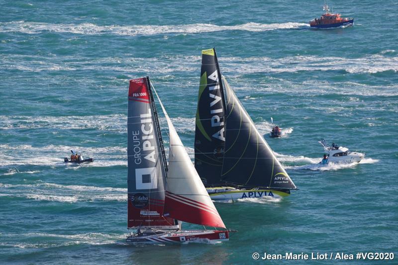 Damien Seguin / Groupe APICIL and Charlie Dalin / APIVIA start the Vendée Globe photo copyright Jean-Marie Liot / Alea #VG2020 taken at  and featuring the IMOCA class