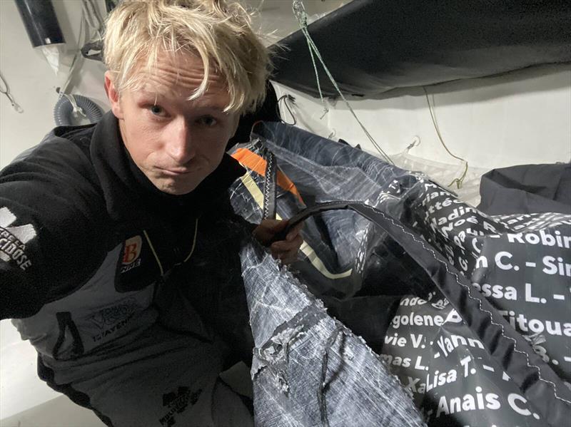 Two large tears in a headsail for Maxime Sorel aboard V&B Mayenne in the Vendée Globe photo copyright Maxime Sorel / V And B Mayenne #VG2020 taken at  and featuring the IMOCA class