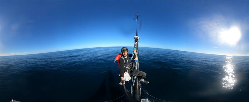 Charlie Dalin up the mast on Apivia during the Vendée Globe photo copyright Charlie Dalin / Apivia #VG2020 taken at  and featuring the IMOCA class