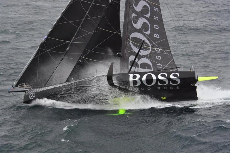 Acute heel angle on Hugo Boss along with the flipped up rudder as Hugo Boss sails through the Southern Ocean in the last Vendee Globe. - photo © French Navy