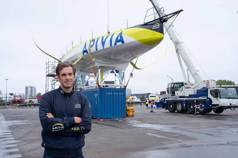 Charles Dalin poses with Apivia at her launch in Lorient, France, August 2019 photo copyright Maxime Horlaville taken at  and featuring the IMOCA class