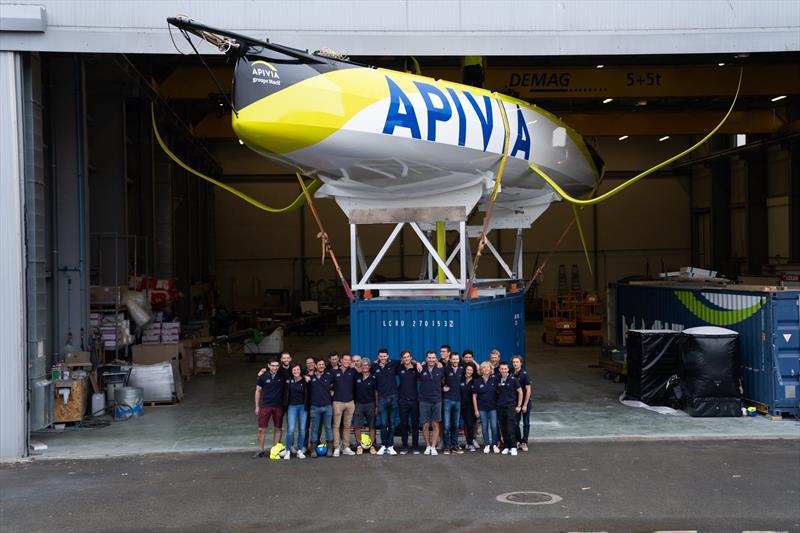 The Apivia Voile design, build, support and sailing team with their creation/new charge at her launch in Lorient, France, August 2019 - photo © Maxime Horlaville