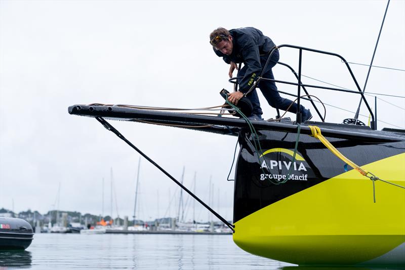 Apivia, the new IMOCA60 designed by Guillaume Verdier for Charlie Dalin (FRA) and aimed at the next Vendee Globe after her launching and fit-out at the former U-boat base in Lorient, France photo copyright Maxime Horlaville taken at  and featuring the IMOCA class