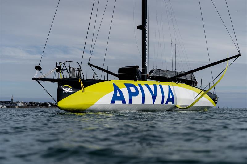 Apivia, the new IMOCA60 designed by Guillaume Verdier for Charlie Dahn (FRA) and aimed at the next Vendee Globe after her launching and fit-out at the former U-boat base in Lorient, France photo copyright Yann Riou taken at  and featuring the IMOCA class