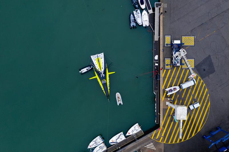 Apivia, the new IMOCA60 designed by Guillaume Verdier for Charlie Dahn (FRA) and aimed at the next Vendee Globe after her launching and fit-out at the former U-boat base in Lorient, France - photo © Maxime Horlaville