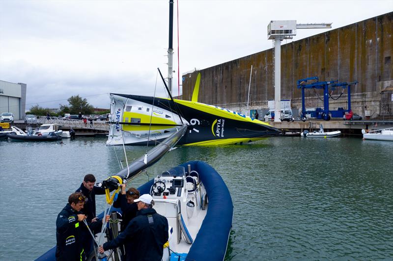 Pull-down test on Apivia, the new IMOCA60 designed by Guillaume Verdier for Charlie Dahn (FRA) and aimed at the next Vendee Globe after her launching and fit-out at the former U-boat base in Lorient, France - photo © Maxime Horlaville