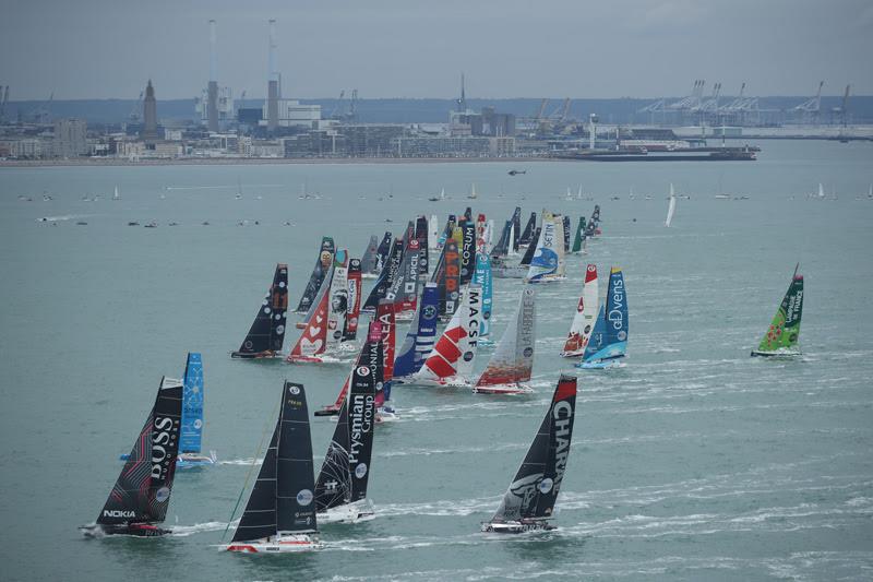 11th Hour Racing Team departs L:e Havre in the 2019 Transat Jacques Vabre with a fleet of 59 boats, including 29 IMOCAs, to sail to Salvador De Bahia. Charlie Enright and Pascal Bidégorry are co-skippers in the double-handed race photo copyright Alea / Transat Jacques Vabr taken at  and featuring the IMOCA class