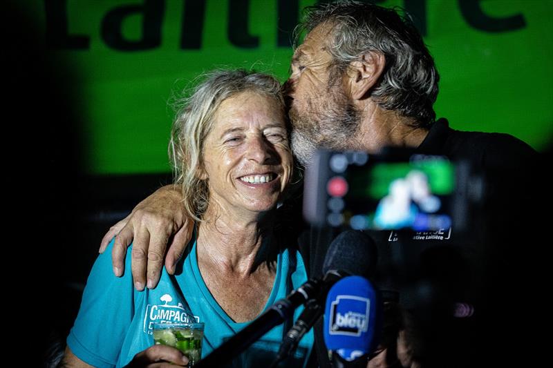 Campagne de France skippers Miranda Merron and Halvard Mabire talk to media at pontoon after taking 23rd place of the Imoca category of the Transat Jacques Vabre on November 13, in Bahia, Brazil photo copyright Jean-Marie Liot / Alea taken at  and featuring the IMOCA class