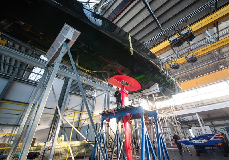 The IMOCA hull is offered onto the new keel - Hugo Boss - Keel and boat repairs following TJV incident - November 4, 2019 - Canary Islands - photo © Alex Thomson Racing