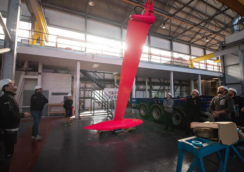 The old keel shattered its pin and was retained in the boat only by the hydralic cables just visible at the top of this shot of the new keel - Hugo Boss - Keel and boat repairs following TJV incident - November 4, 2019 - Canary Islands - photo © Alex Thomson Racing