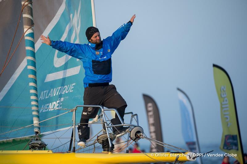 Celebration during finish arrival of Arnaud Boissieres FRA skipper La Mie Caline 10th of the sailing circumnavigation solo race Vendee Globe in Les Sables d Olonne France on February 17th 2017  photo copyright Olivier Blanchet /DPPI /Vendee Globe taken at  and featuring the IMOCA class