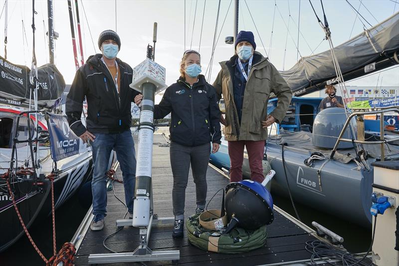 Meteo France is providing sustainability indicators buoys for skippers to immerse at specific waypoints, here Alexia Barrier, during the Vendee Globe prestart in les Sables d'Olonne, France, on October 21, 2020 photo copyright Yvan Zedda / Alea taken at  and featuring the IMOCA class