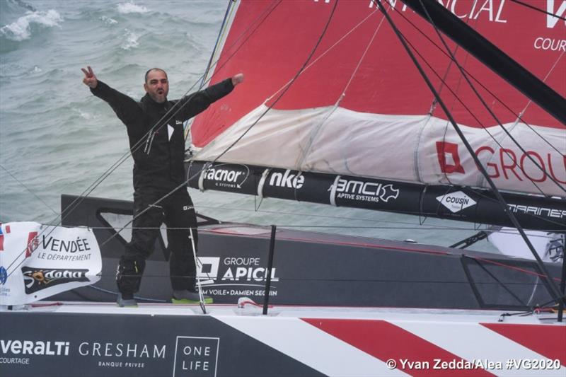 Groupe APICIL, skipper Damien Seguin (FRA) is pictured during finish of the Vendee Globe sailing race, on January 28, 2021 photo copyright Yvan Zedda taken at  and featuring the IMOCA class