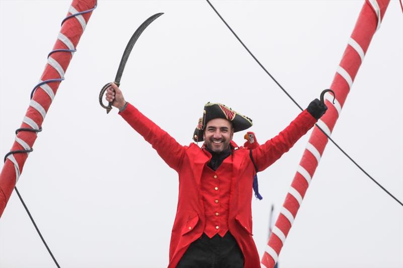 Groupe APICIL, skipper Damien Seguin (FRA) is dressed as a pirate in the channel during finish of the Vendee Globe sailing race, on January 28, 2021 photo copyright Jean-Marie Liot taken at  and featuring the IMOCA class