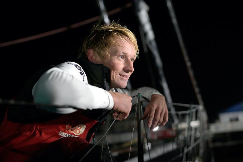 Maxime Sorel arriving in Les Sables d'Olonne after finishing the Vendée Globe photo copyright Jean-Marie Liot taken at  and featuring the IMOCA class